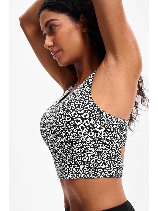 👑 Women's White Leopard Sports Bra Longline Wirefree Padded Medium Cropped Tops - Picture 3 of 6